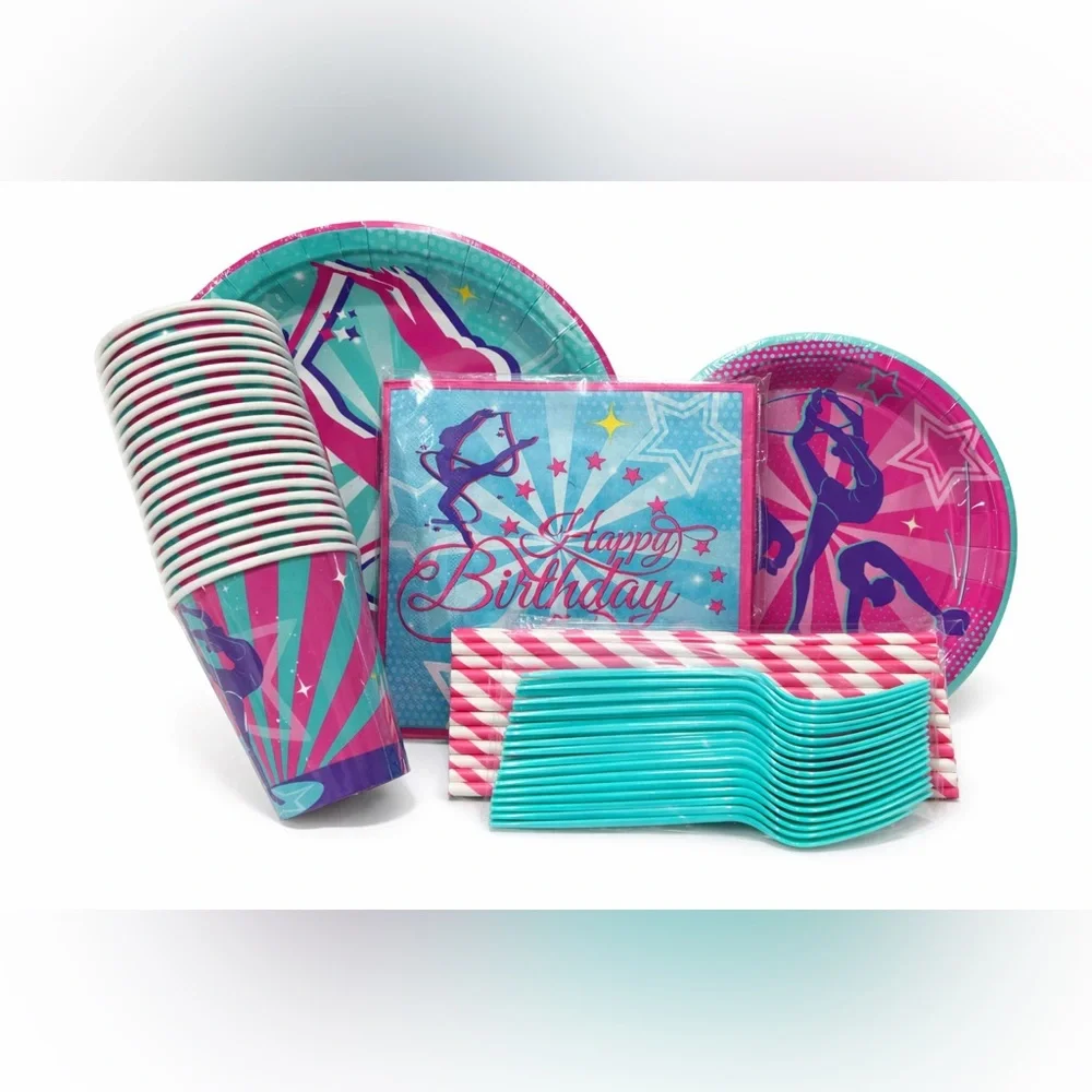 Gymnastics Birthday Party Supplies Set 20 Guests Pink Teal Decorations Kit